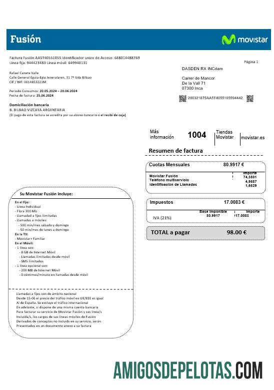 Documento de fatura de serviços públicos da operadora Movistar Fusion Telecom da Espanha em formatos Word e PDF modelo
